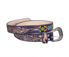 Personalizable Handmade Western Rodeo Heavy Duty Beaded Full-Grain Leather Belt Unisex with Removable Buckle 30HQ102