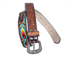 Personalizable Handmade Western Rodeo Heavy Duty Beaded Full-Grain Leather Belt Unisex with Removable Buckle  30HQ114