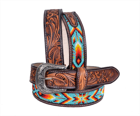 Personalizable Handmade Western Rodeo Heavy Duty Beaded Full-Grain Leather Belt Unisex with Removable Buckle  30HQ114