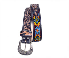 Personalizable Handmade Western Rodeo Heavy Duty Beaded Full-Grain Leather Belt Unisex with Removable Buckle 30HQ102