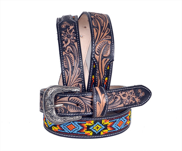 Personalizable Handmade Western Rodeo Heavy Duty Beaded Full-Grain Leather Belt Unisex with Removable Buckle 30HQ102