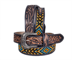 Personalizable Handmade Western Rodeo Heavy Duty Beaded Full-Grain Leather Belt Unisex with Removable Buckle  30HQ103