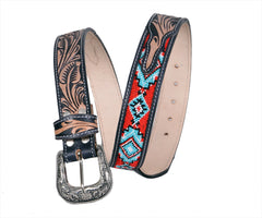 Personalizable Handmade Western Rodeo Heavy Duty Beaded Full-Grain Leather Belt Unisex with Removable Buckle  30HQ105