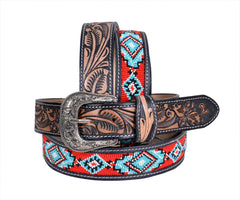 Personalizable Handmade Western Rodeo Heavy Duty Beaded Full-Grain Leather Belt Unisex with Removable Buckle  30HQ105