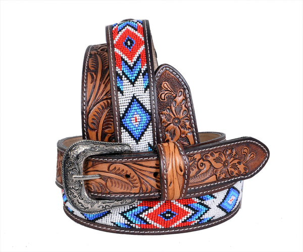 Personalizable Handmade Western Rodeo Heavy Duty Beaded Full-Grain Leather Belt Unisex with Removable Buckle  30HQ106