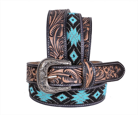 Personalizable Handmade Western Rodeo Heavy Duty Beaded Full-Grain Leather Belt Unisex with Removable Buckle  30HQ113