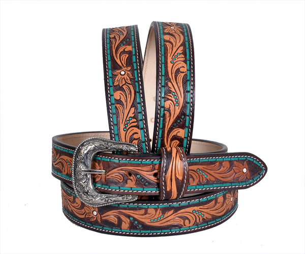 Genuine Leather Western Hand Tooled and Hand Painted Floral Belt  with Removable Buckle 30HQ008