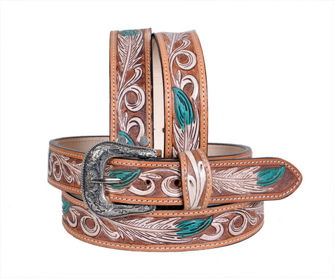 Genuine Leather Western Hand Tooled and Hand Painted Floral Belt  with Removable Buckle 30HQ009