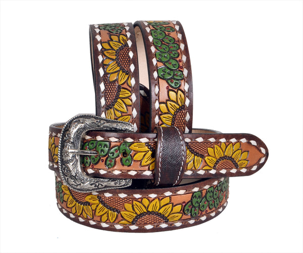 Genuine Leather Western Hand Tooled and Hand Painted Floral Belt  with Removable Buckle 30HQ010