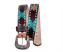 Genuine Leather Western Hand Tooled and Hand Painted Floral Belt  with Removable Buckle 30HQ011