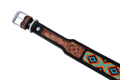 Western Style Beaded and Tooled Leather Dog Collar With Padded Soft Lining 10AB029