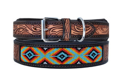 Western Style Beaded and Tooled Leather Dog Collar With Padded Soft Lining 10AB029