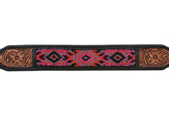 Western Style Beaded and Tooled Leather Dog Collar With Padded Soft Lining 10AB030