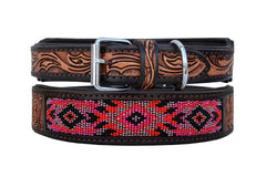 Western Style Beaded and Tooled Leather Dog Collar With Padded Soft Lining 10AB030