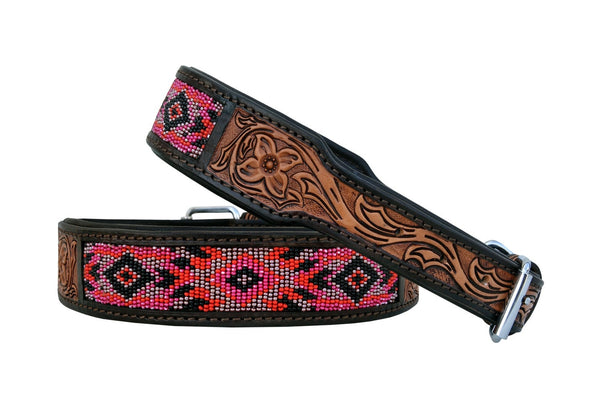 Western Style Beaded and Tooled Leather Dog Collar With Padded Soft Lining 10AB030