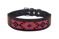 Western Style Beaded and Tooled Leather Dog Collar With Padded Soft Lining 10AB030