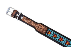 Western Style Beaded and Tooled Leather Dog Collar With Padded Soft Lining 10AB031