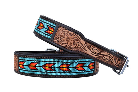 Western Style Beaded and Tooled Leather Dog Collar With Padded Soft Lining 10AB031