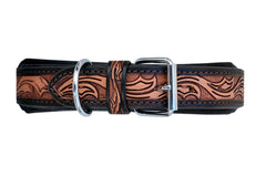 Western Style Beaded and Tooled Leather Dog Collar With Padded Soft Lining 10AB029