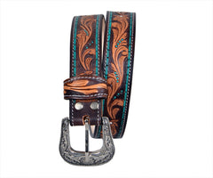 Genuine Leather Western Hand Tooled and Hand Painted Floral Belt  with Removable Buckle 30HQ008