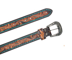 Genuine Leather Western Hand Tooled and Hand Painted Floral Belt  with Removable Buckle 30HQ008