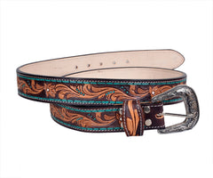 Genuine Leather Western Hand Tooled and Hand Painted Floral Belt  with Removable Buckle 30HQ008