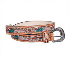 Genuine Leather Western Hand Tooled and Hand Painted Floral Belt  with Removable Buckle 30HQ009