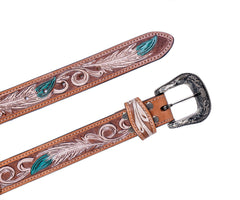 Genuine Leather Western Hand Tooled and Hand Painted Floral Belt  with Removable Buckle 30HQ009