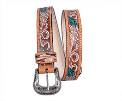 Genuine Leather Western Hand Tooled and Hand Painted Floral Belt  with Removable Buckle 30HQ009