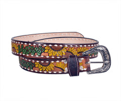 Genuine Leather Western Hand Tooled and Hand Painted Floral Belt  with Removable Buckle 30HQ010