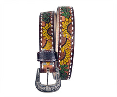 Genuine Leather Western Hand Tooled and Hand Painted Floral Belt  with Removable Buckle 30HQ010