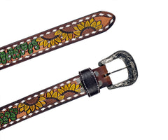 Genuine Leather Western Hand Tooled and Hand Painted Floral Belt  with Removable Buckle 30HQ010