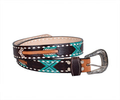 Genuine Leather Western Hand Tooled and Hand Painted Floral Belt  with Removable Buckle 30HQ011