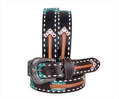 Genuine Leather Western Hand Tooled and Hand Painted Floral Belt  with Removable Buckle 30HQ011