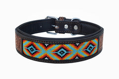 Western Style Beaded and Tooled Leather Dog Collar With Padded Soft Lining 10AB029