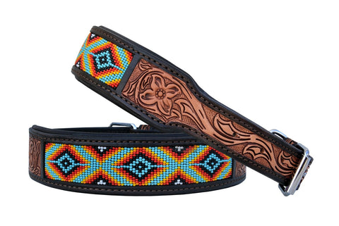 Western Style Beaded and Tooled Leather Dog Collar With Padded Soft Lining 10AB029