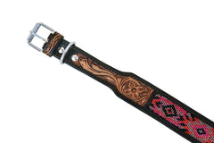 Western Style Beaded and Tooled Leather Dog Collar With Padded Soft Lining 10AB030