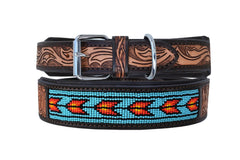 Western Style Beaded and Tooled Leather Dog Collar With Padded Soft Lining 10AB031