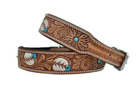 Western Style Hand Tooled Hand Finished Leather Dog Collar With Padded Soft Lining 10AB117