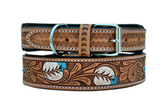 Western Style Hand Tooled Hand Finished Leather Dog Collar With Padded Soft Lining 10AB117