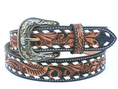 Hand Tooled Western Belt Genuine Leather With White Lacing Floral Design Heavy Duty and Removable Buckle 30WE005