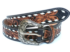 Hand Tooled Western Belt Genuine Leather With White Lacing Floral Design Heavy Duty and Removable Buckle 30WE005