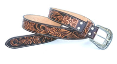 Hand Tooled Western Belt Genuine Leather Belt Floral Design Heavy Duty with Removable Buckle 30WE006