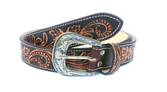 Hand Tooled Western Belt Genuine Leather Belt Floral Design Heavy Duty with Removable Buckle 30WE006