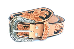 Hand Tooled Western Belt Genuine Leather Belt Floral Design Heavy Duty with Removable Buckle 30WE007