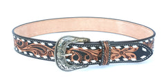 Hand Tooled Western Belt Genuine Leather With White Lacing Floral Design Heavy Duty and Removable Buckle 30WE005