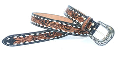 Hand Tooled Western Belt Genuine Leather With White Lacing Floral Design Heavy Duty and Removable Buckle 30WE005