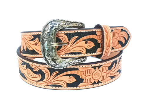 Hand Tooled Western Belt Genuine Leather Belt Floral Design Heavy Duty with Removable Buckle 30WE007