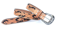 Hand Tooled Western Belt Genuine Leather Belt Floral Design Heavy Duty with Removable Buckle 30WE007