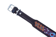 Western Style Beaded and Tooled Leather Dog Collar With Padded Soft Lining 10AB032